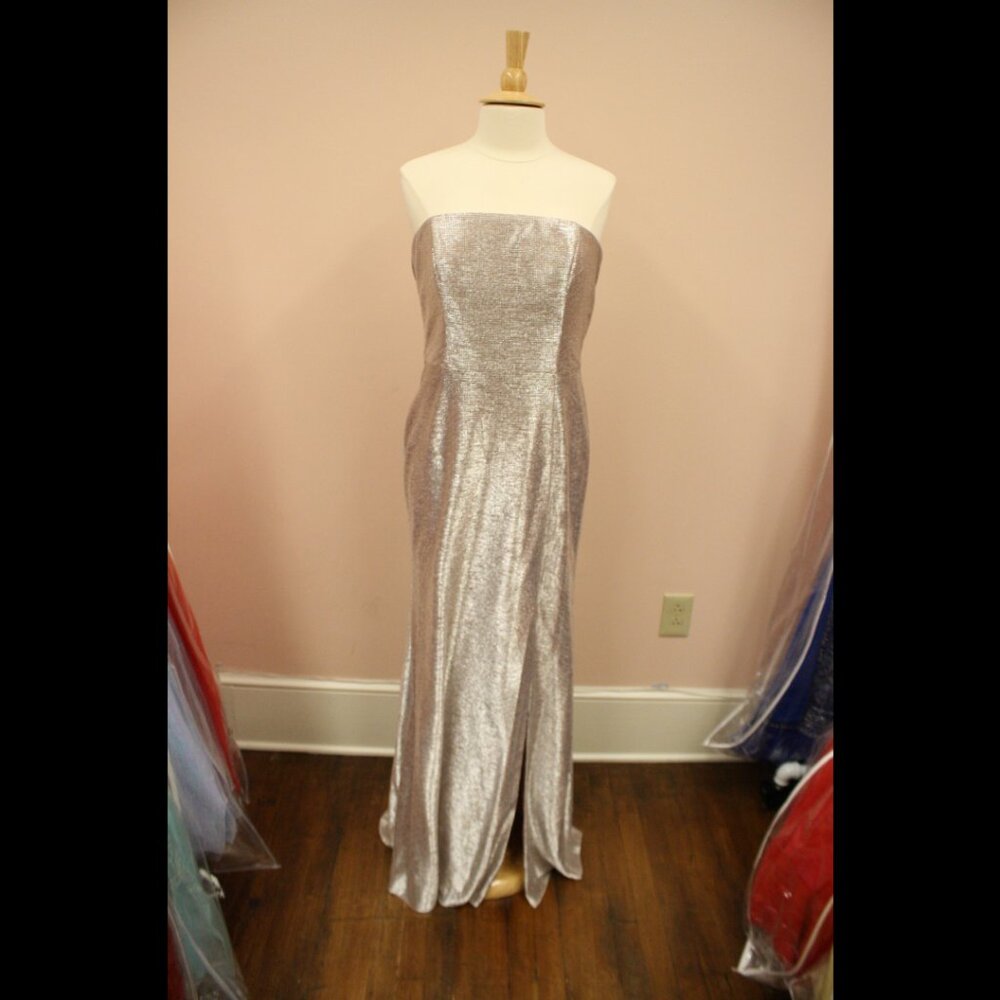 Hayley Paige Occasion #52301 Liquid Metal Shimmer Pink/Silver strapless 12